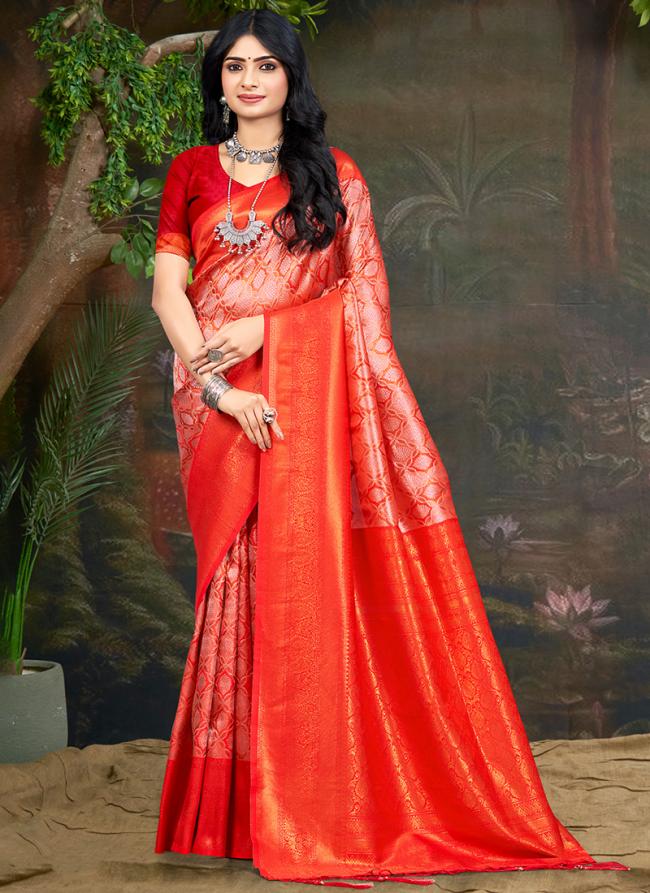 Kanjivaram Silk Orange Traditional Wear Weaving Saree